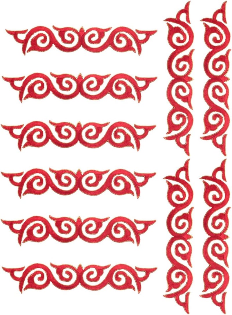 MSCFTFB 10 Pieces Swirl Embroidered Applique with Gold Trimming Scroll Iron on Patch Vine Border Lace Fringe Edge for Medieval Costume Wedding Dress Pillow Sewing Accessories (Red) - Image 1